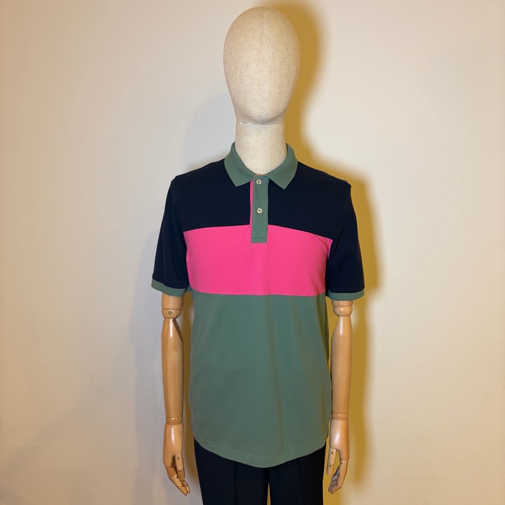 Lands' End Men's Colorblock Pique Polo Shirt - Pink/Navy/Green - Size M